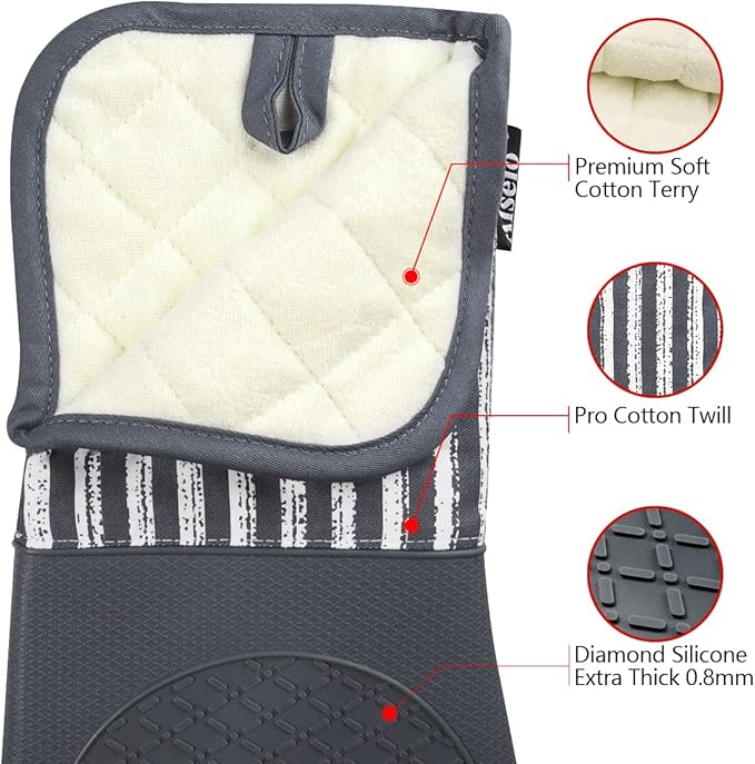 Silicone Oven Mitts Heat Resistant 932℉ with Waterproof & Non-Slip Kitchen Mittens, Set of 2 Extra Long Oven Gloves with Soft Cotton Terry Lining for Baking Cooking Barbecue