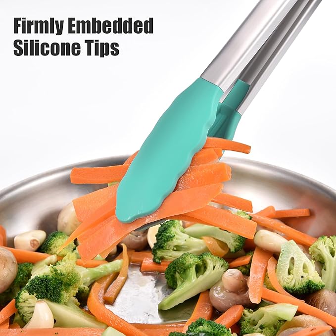 Doosu Kitchen Tongs for Cooking - 600°F Heat Resistant Food Tong with Non-Scratch Silicone Tips, Heavy Duty Stainless Steel Locking Tong for BBQ, Grilling Steak, Serving Salad, Pasta (16in, Aqua Sky)