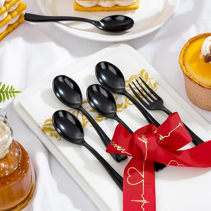 WDF 300 Pieces Black Plastic Mini Spoons-4 Inches Black Plastic Tasting Spoons for Desserts-Heavy Duty Plastic Spoons Perfect for Coffee/Cake/Desserts/Appetizers for New Year/Graduation/Wedding