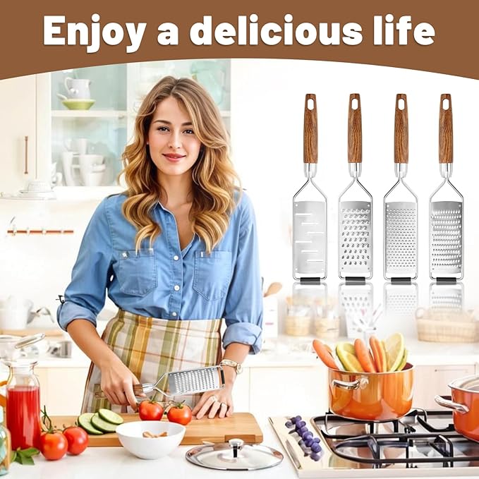 SHIKORI Stainless Steel & Wood Cheese Grater with Protective Cover - Modern, Brown