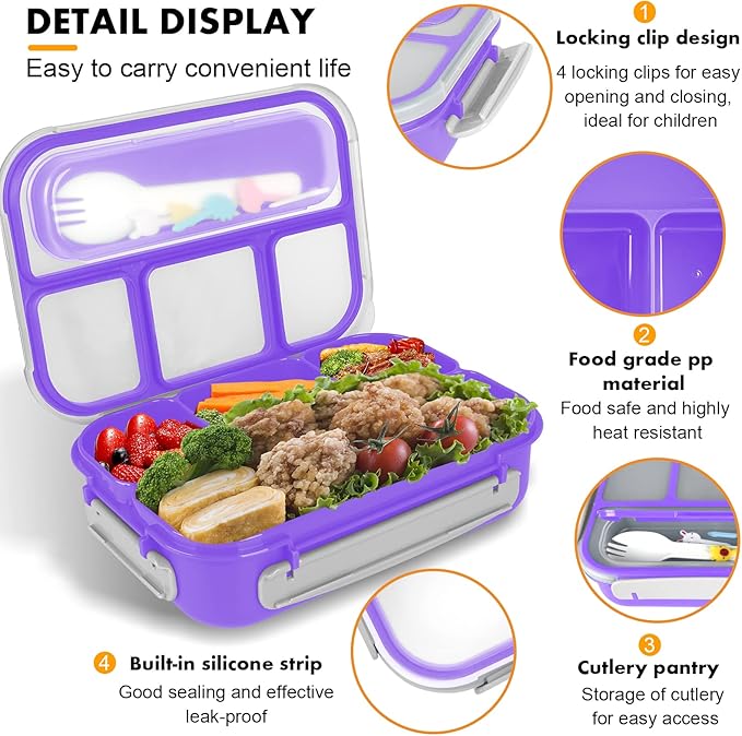 Bento Box, Lunch Box Kids, 1300ML with 4 Compartment&Food Picks Cake Cups, Containers for Adults/Kids/Toddler, Leak-Proof, Microwave/Dishwasher/Freezer Safe(Purple)