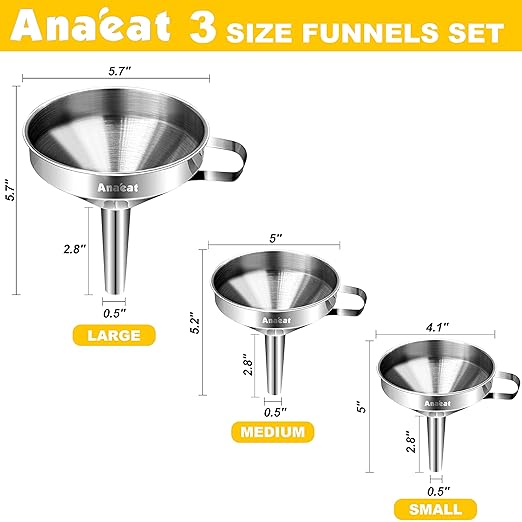Anaeat 3 Pack Stainless Steel Kitchen Funnel Set, Multi-Use Premium Metal Food Grade Cooking Funnels with 2 Removable Strainer Filter for Transferring Liquid or Dry Ingredients & 1 Pc Cleaning Brush