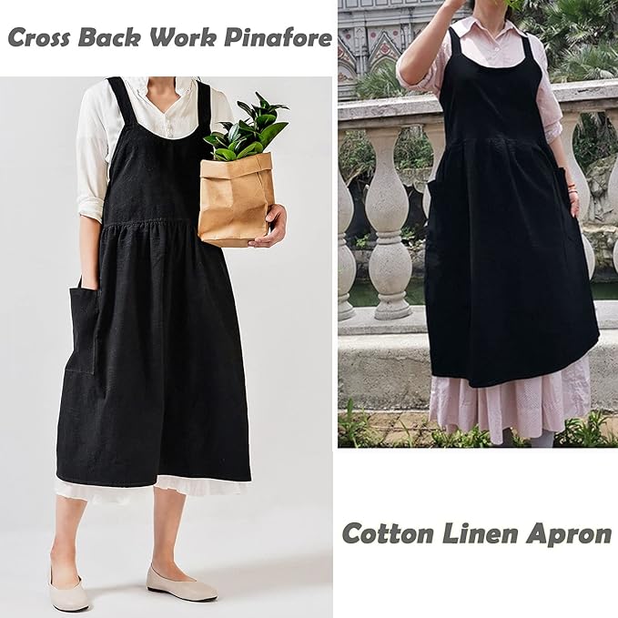 Uaussi Cotton Linen Apron Cross Back Work Apron for Women with Pockets Pinafore Dress X Cross Halter Apron for Chef Gardening