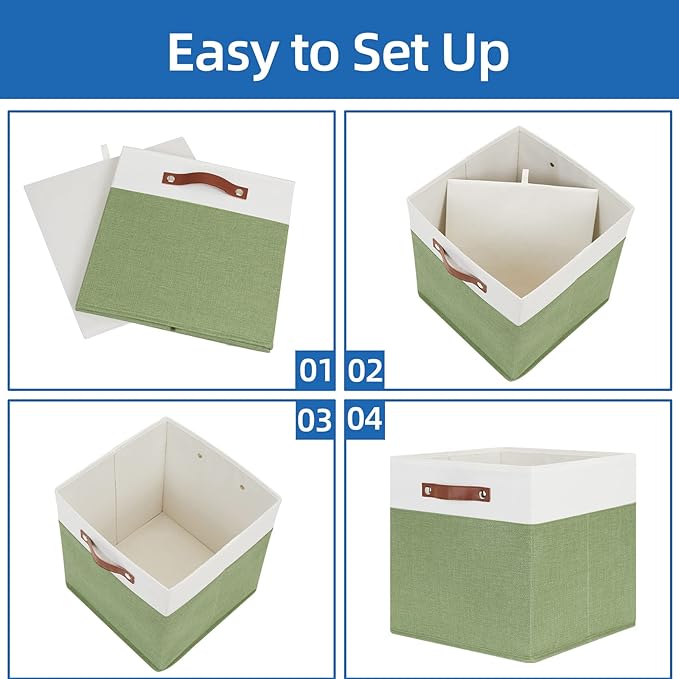 Temary 13 Inch Cube Storage Bin 4 Pack Fabric Storage Cubes Fabric Storage Bin for Shelf, Cube Storage Basket with Leather Handles(White&Green)