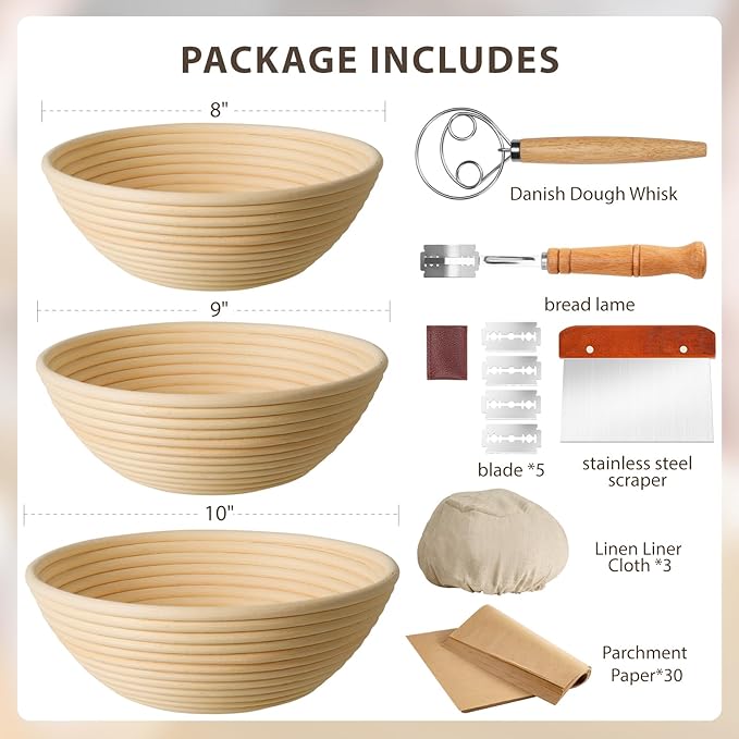 Banneton Bread Proofing Basket Set of 3, Kikcoin 8" & 9" & 10" Round Sourdough Bread Baking Supplies, Banneton Basket with Parchment Paper Sheets, Dough Whisk, Stainless Steel Scraper, Bread Lame
