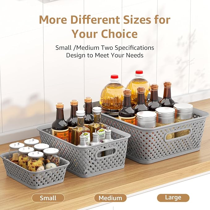 MaxGear Organization and Storage 3 Packs, Plastic Bins Organizer Bins, Woven Baskets for Storage, Plastic Baskets with Handles, Grey Basket for Organizing, Basket Organizer for Home and Office, Small