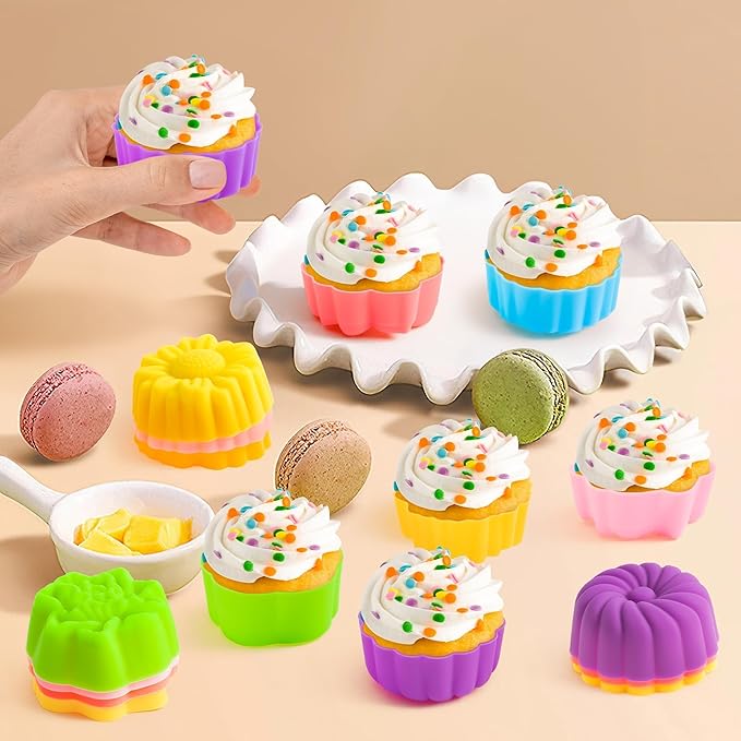 R HORSE 42Pcs Silicone Molds Cupcake 2 Inch Mini Size Reusable Muffins Liners Washable Non-Stick Donut Wrapper Mold Flower Shapes Baking Cups for Pan Oven Microwave Dishwasher