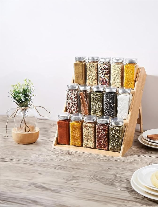 RoyalHouse Bamboo Spice Rack Organizer for Kitchen Cabinet, Countertop Display Shelf- 3 Tier Shelf -Space Organizer for Kitchen and Bathroom (Pack of 6)