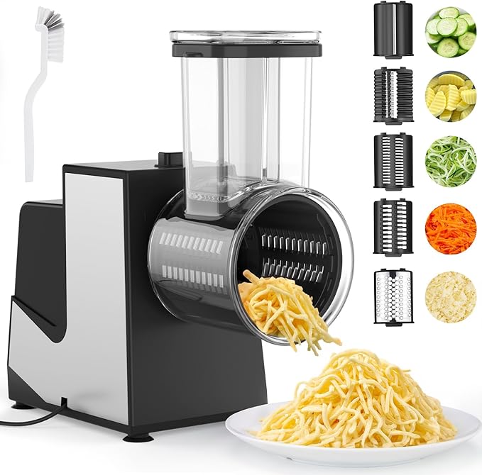 FITNATE Electric Cheese Grater, 250W Electric Slicer Shredder Salad Maker with 5 Replaceable Stainless Blades, Kitchen Chopper Vegetable Cutter for Cheese, Fruits, Vegetables