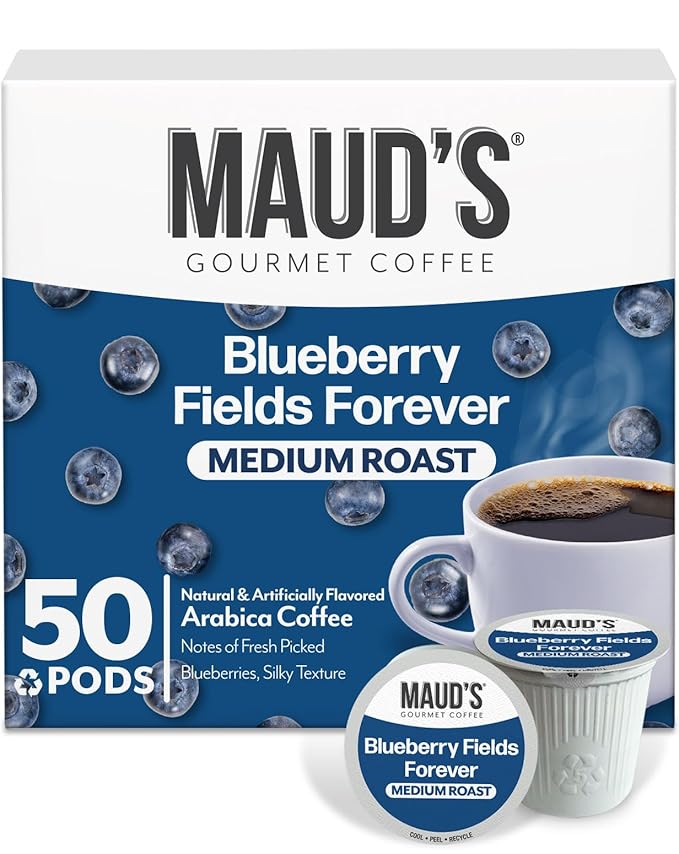 Maud's Blueberry Flavored Coffee Pods, 50 ct, Medium Roast Flavored Coffee in Recyclable Single Serve Pods – 100% Arabica Beans, Compatible with Keurig K Cups Maker