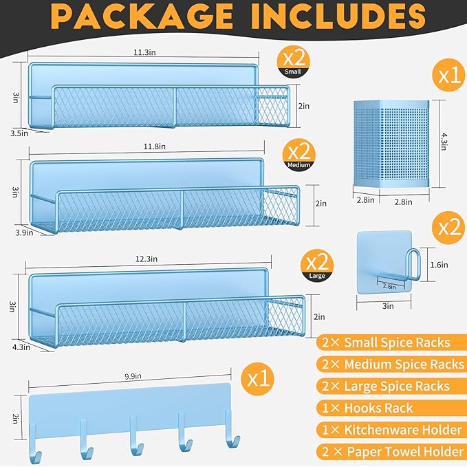 Magnetic Spice Rack for Refrigerator, 10 Pack 100% Metal Strong Magnet Shelf, Moveable Spice Organizer W/ Adjustable Paper Towel Holder, Hook Rack & Utensil Caddy, Home Kitchen Laundry Storage, Blue