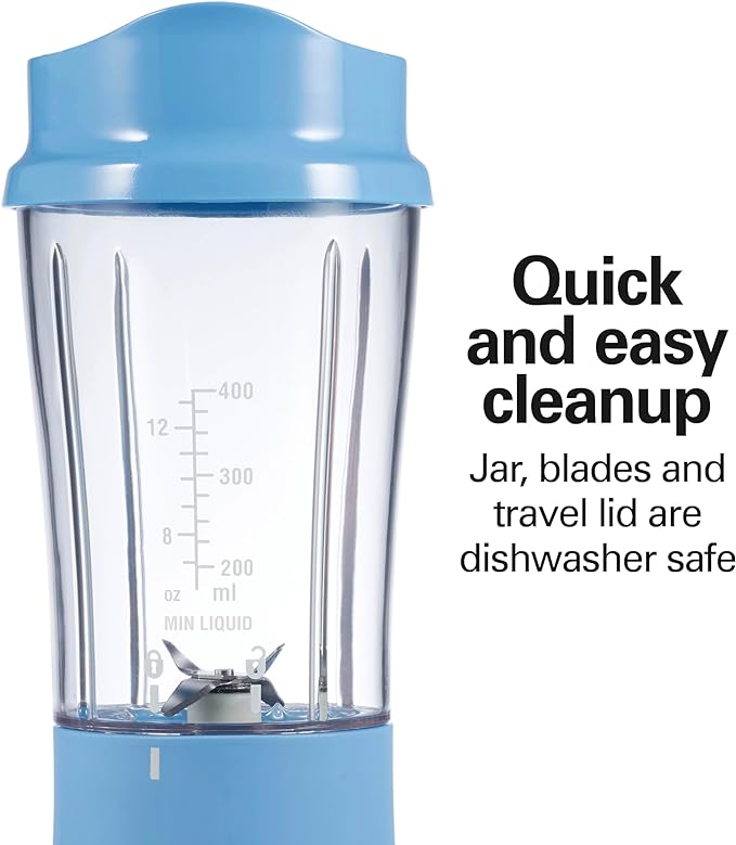 Hamilton Beach Portable Blender for Shakes and Smoothies, 14 Oz BPA Free Travel Cup & Lid, Durable Stainless Steel Blades, Personal Smoothie Blender, Tranquil Blue (51172)