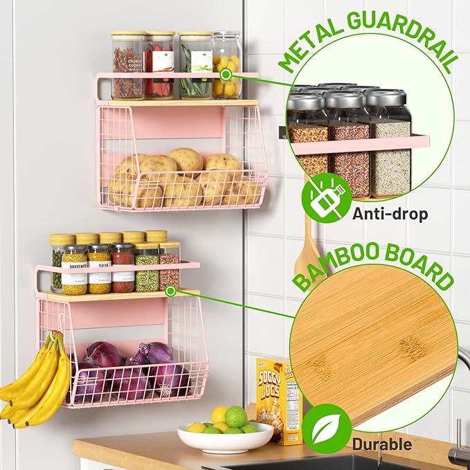Magnetic Shelf for Fridge with Wood Lid, Fruit Potato and Onion Storage Bins, Pantry Organizers & Storage, Large Container Magnetic Spice Rack for Refrigerator, Kitchen Counter, Cabinet (Pink, 1)