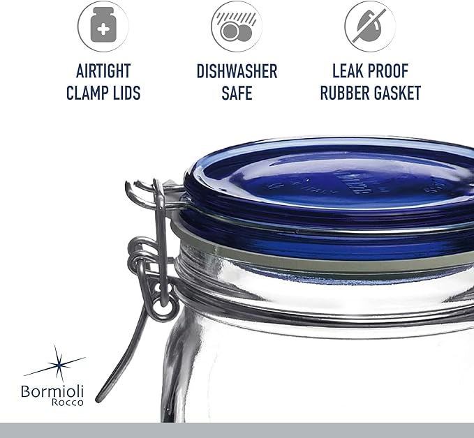 Bormioli Rocco Fido Collection, 2 Pack, 25¼ Oz. Food Storage Glass Jars, Airtight Rubber Seal & Glass Lid, With Stainless Wire Clamp, Made In Italy.