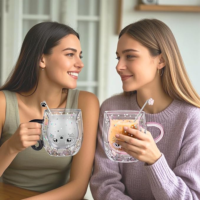 Gifts for Women Cat Gifts Double Walled Glass Coffee Latte Cup Cute Stuff Cat Mug Gifts for Her Christmas Stocking Fillers,Birthday,Valentines,Halloween Presents for Women,Kid,Mum,Teacher