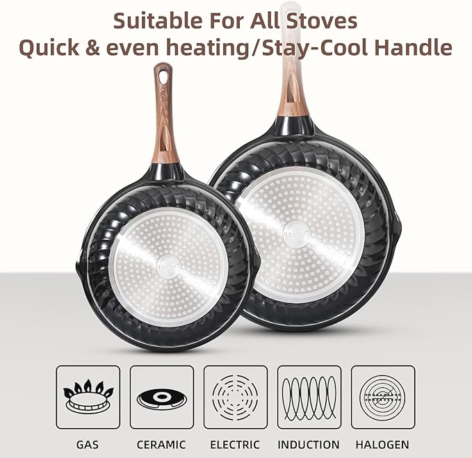 Vinchef Non Stick Frying Pans Set,10" & 12" Ceramic Pan with Lid, Deep Frying Pan & Saute Skillet, PFAS PFOA & PTFE Free, Visual Heat Indicator, Induction Ready, Frying Pans Nonstick Skillet with Lid