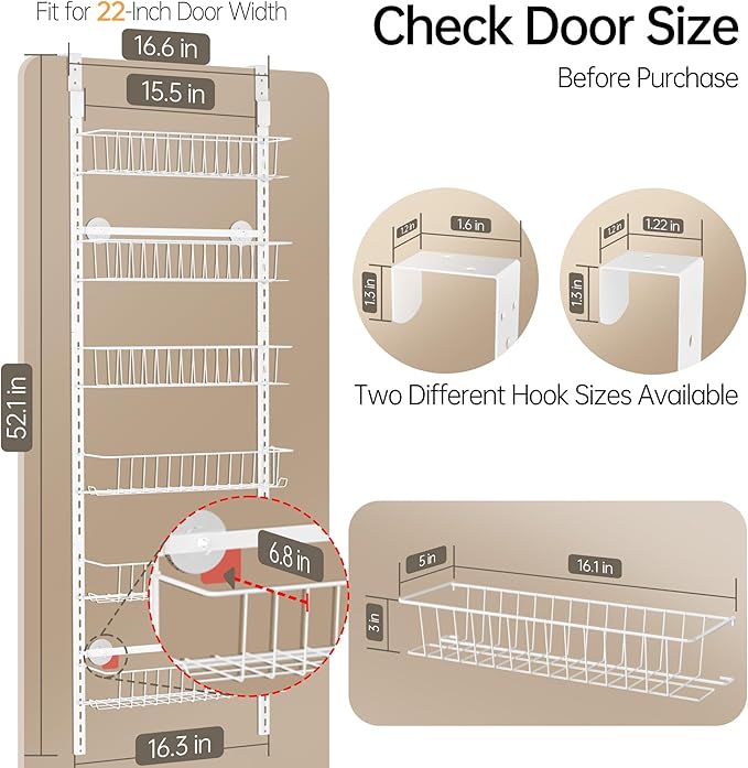 Delamu Adjustable Cabinet Door Organizer, 6-Tier Hanging Spice Rack Organizer, Metal Over the Door Pantry Organizer, Pantry Organizers and Storage Shelves for Kitchen Bathroom Laundry Room, White M