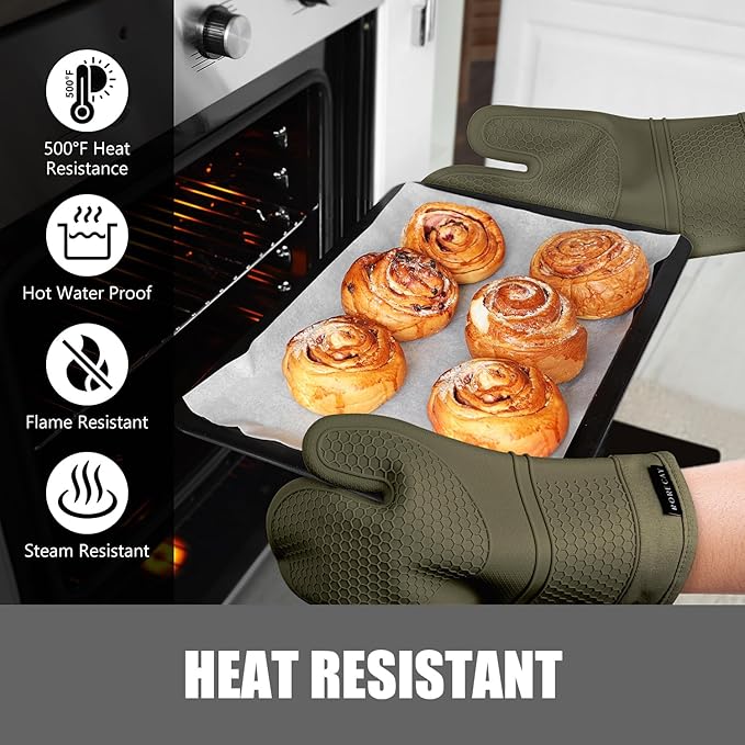 Rorecay 6pcs Oven Mitts and Pot Holders Sets for Kitchen, Extra Long Silicone Oven Gloves Heat Resistant 500 Degrees Non-Slip Potholders Hot Pads for Baking Cooking, Forest Night