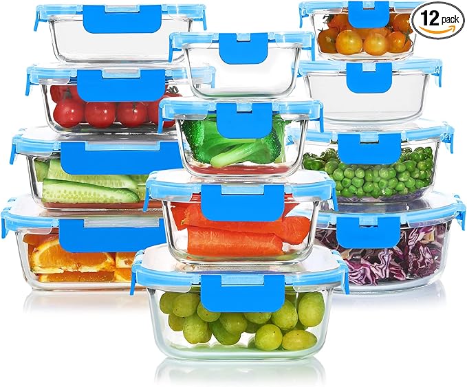 KOMUEE 24 Pieces Glass Food Storage Containers Set,Glass Meal Prep Containers-Stackable Airtight Glass Storage Containers with lids,Freezer, Microwave, Oven Safe,Blue