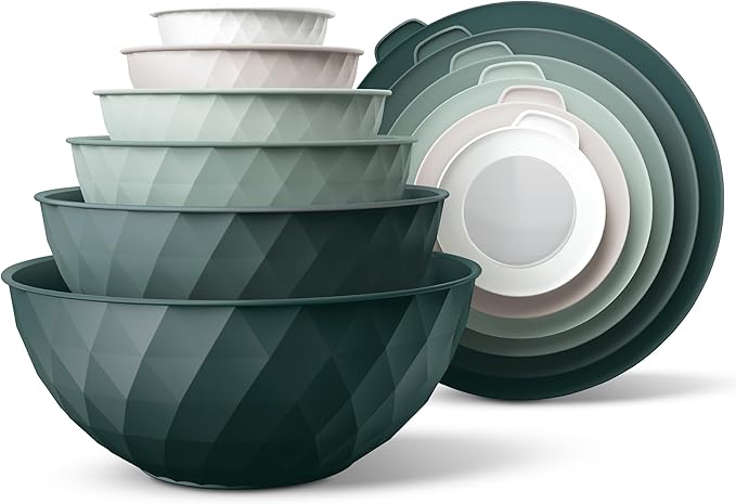 COOK WITH COLOR Mixing Bowls with Lids - 12 Piece Plastic Nesting Bowls Set includes 6 Prep Bowls and 6 Lids, Diamond Design - Microwave Safe, Green