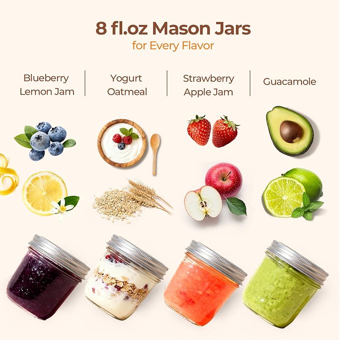ComSaf Wide Mouth 8 oz Mason Jars with Lids, 6 Pcs Small Mason Containers, Canning Jars, 8oz Glass Jar with Lid, Canning Jars for Jams, Jelly, Sauces, Desserts, chia pudding, Pickle, Gift