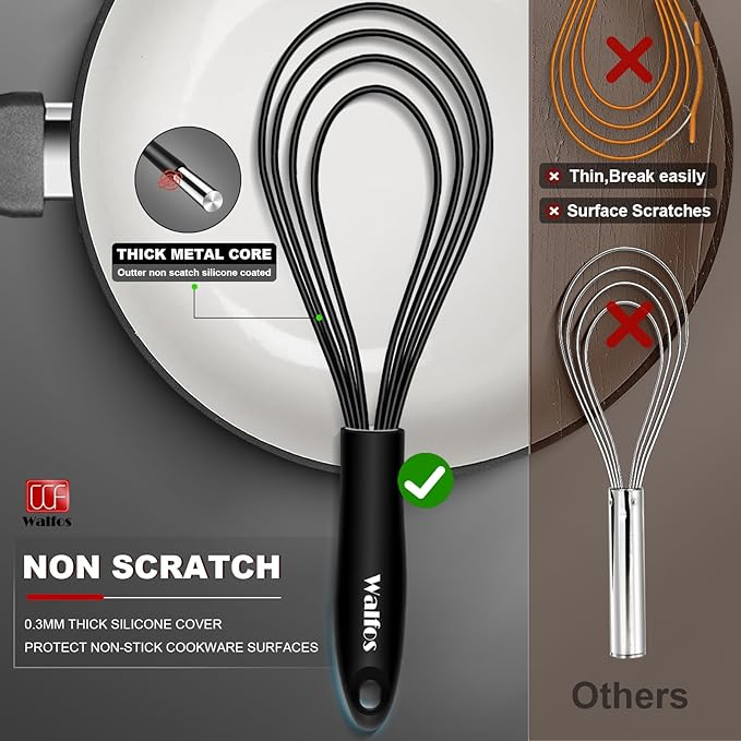 Walfos Whisk 11inch Flat Whisks and 10inch Balloon Whisk Combo,Silicone whisks for cooking,Non Scratch Coated Wisk,Suitable for Ceramic Coated pans and Wider shallower pots.(2pcs black)
