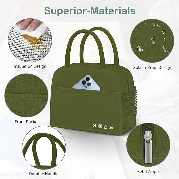 DALINDA Lunch Bag Lunch Box for Women Men Reusable Insulated Lunch Tote Bag High Capacity for Travel Work Picnic,army green