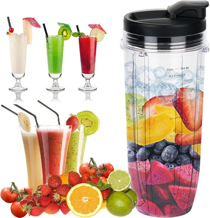 Replacement 32oz Blender Cup with Sip & Seal Lid For Nutri Ninja BL450 BL454 Bl455 BL456 BL480 BL481 BL482 BL490 BL640 BL642 BL682 SS101 SS401 SS351 Nutri Ninja Auto IQ Series Blenders, 2-Pack …