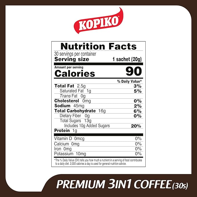 KOPIKO Premium 3 in 1 Instant Coffee Mix – Authentic Indonesian Volcanic Coffee, Strong Yet Smooth, Pre-Mixed with Creamer & Sugar (21.2 OZ in 30 Coffee Sachets)