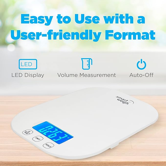 Smart Weigh White Digital Kitchen Scale for Cooking, Weight Loss, Calorie Tracking, Baking, Food Portion Control, and Meal Prep - Accurate Measurements in Grams and Ounces