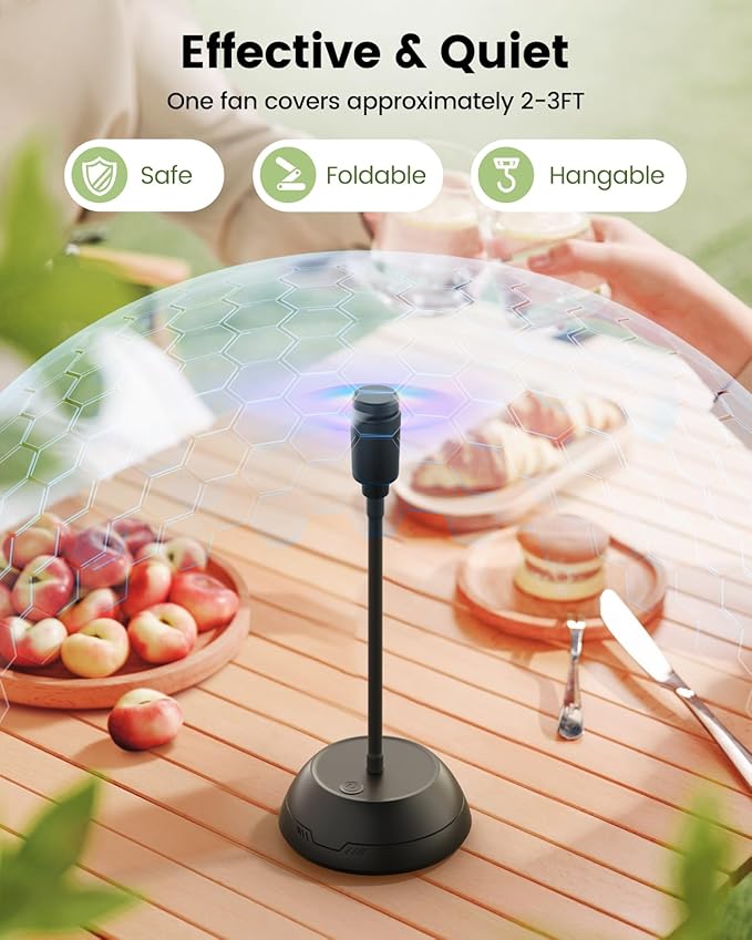 4Pack Food Fan for Table, AA Battery Powered, Portable Fan with Flexible Gooseneck and Soft Blades, Soundless Table Fan for BBQ, Picnic, Party, Patio (Non-rechargeable,Black)