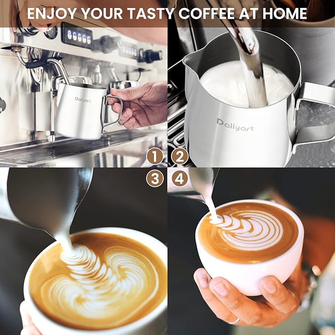 Milk Frothing Pitcher, Dailyart 6.8oz/200ml Milk Frother Cup 304 Stainless Steel Steaming Pitcher With Internal Scale, Espresso Accessories, Frother Pitchers For Espresso Machine Cappuccino Latte Art