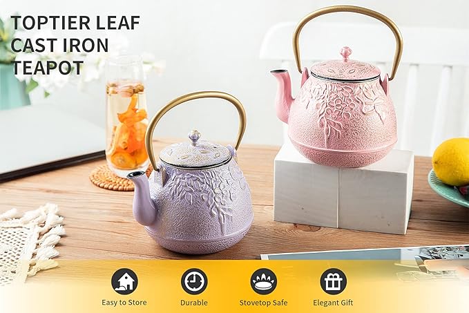 TOPTIER Japanese Cast Iron Tea Kettle with Stainless Steel Infuser, Cast Iron Teapot Stovetop Safe, Leaf Design Teapot Coated with Enameled Interior, 32 Ounce (950 ml), Lilac Purple