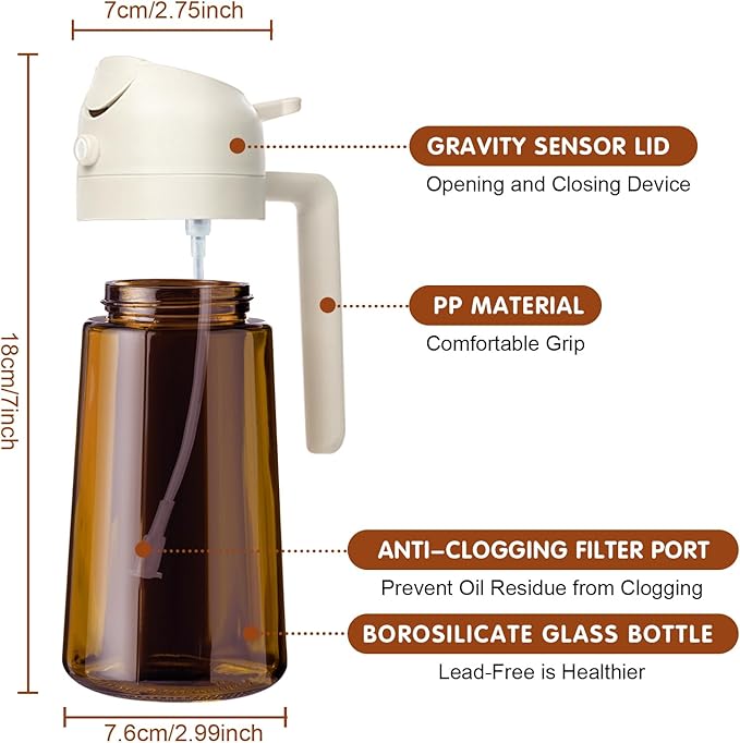 YARRAMATE 16oz/470ml Light Blocking Oil Sprayer for Cooking with Stickers, Food-Grade 2 in 1 Olive Oil Dispenser Bottle for Kitchen, Premium Dark Amber Glass Oil Bottle for Air Fryer, BBQ(White)