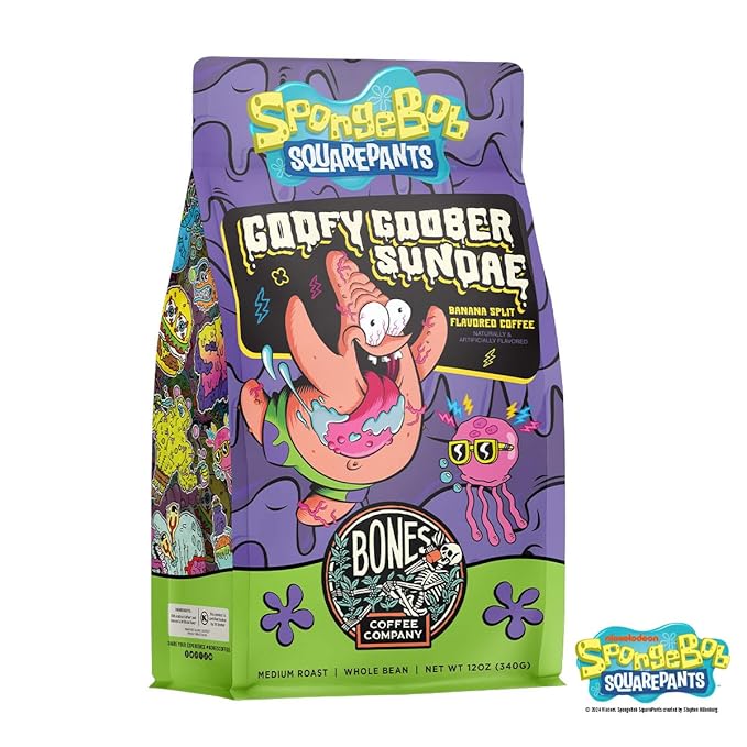 Bones Coffee Company Spongebob Goofy Goober Sundae, Banana Split Flavored Coffee, Medium Roast Low Acid Arabica Beans Compatible with Auto drip and French Press Coffee Maker, 12 Oz Whole Bean
