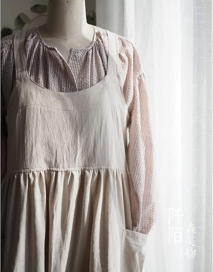 Uaussi Cotton Linen Apron Cross Back Work Apron for Women with Pockets Pinafore Dress X Cross Halter Apron for Chef Gardening