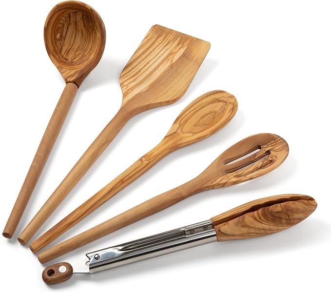 Salt & York 5-piece Olive Wooden Kitchen Utensil Set - Includes Turner, Tongs, Slotted Spoon, Ladle, and 12" Spoon - Best Wooden Spoons for Cooking - Ideal for Nonstick Cookware