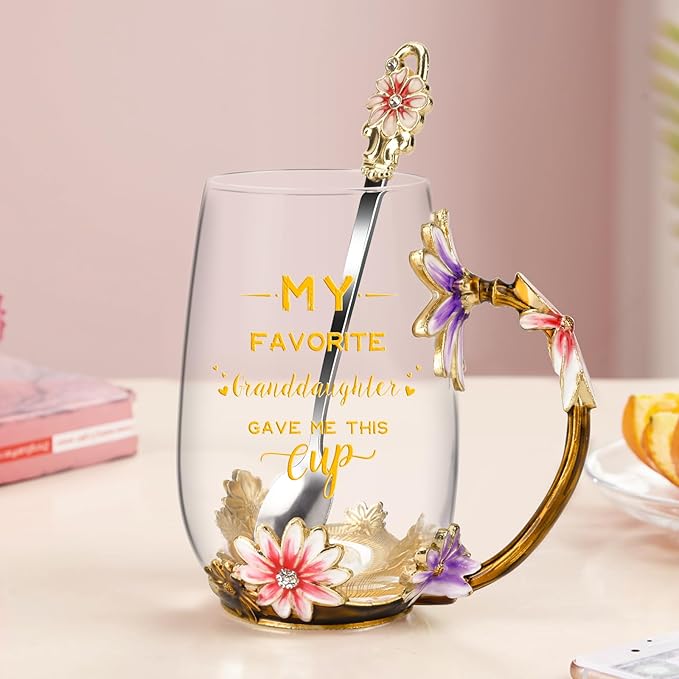 OEAGO Grandma Gifts from Granddaughter Tea Cup Birthday Grandparent Gifts Mothers Day Enamel Flower Glass Mugs from Grandkids Grandchildren