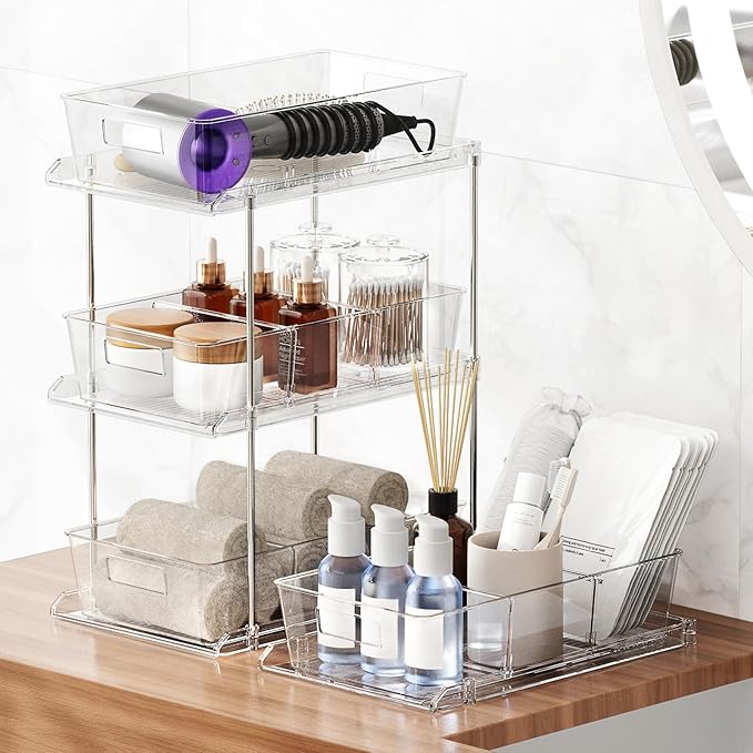 Pull-Out Home Organizer, 2 Pack 2 Tier Clear Bathroom Organizer with Dividers, Multipurpose Vanity Counter Tray, Kitchen, Closet Organizers, Cabinet & Storage Container Bins
