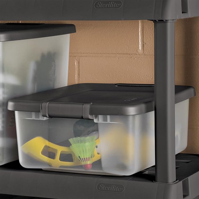 Sterilite 12-Pack ShelfTote, Clear Plastic Storage Bins with Lids, 25 Quart, Gray - Stackable Organizing Container Boxes for Closet, Bathroom, and Office