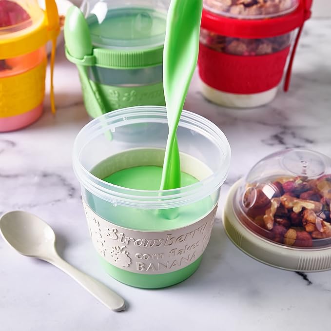 Crystalia Yogurt Parfait Cups with Lids, Mini Breakfast On the Go Plastic Bowls with Topping Cereal Oatmeal Container with Spoon for Lunch, Portable & Reusable, Colorful Set of 4 (Small 17 oz)