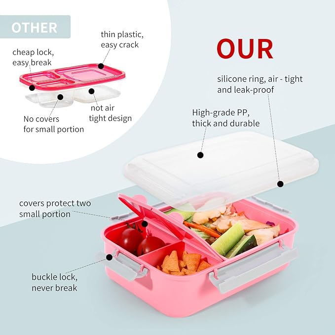 3 Pack Sandwich Container,Reusable Sandwich Containers for Lunch Boxes,Plastic Sandwich Box Tupperware for Kids Adults, Divided Salad Bento Box Food Meal Prep Container for School, Office,Travel, 40oz