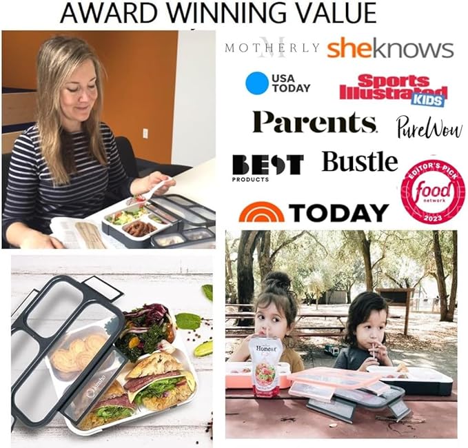 Bento Lunch Box For Adults, Kids | Leakproof Meal Prep Portion Control Boxes Japanese Style for Boys Teens 3 Compartment Slim Container For Work, School | Eco-friendly Divided Containers, Grey - Black