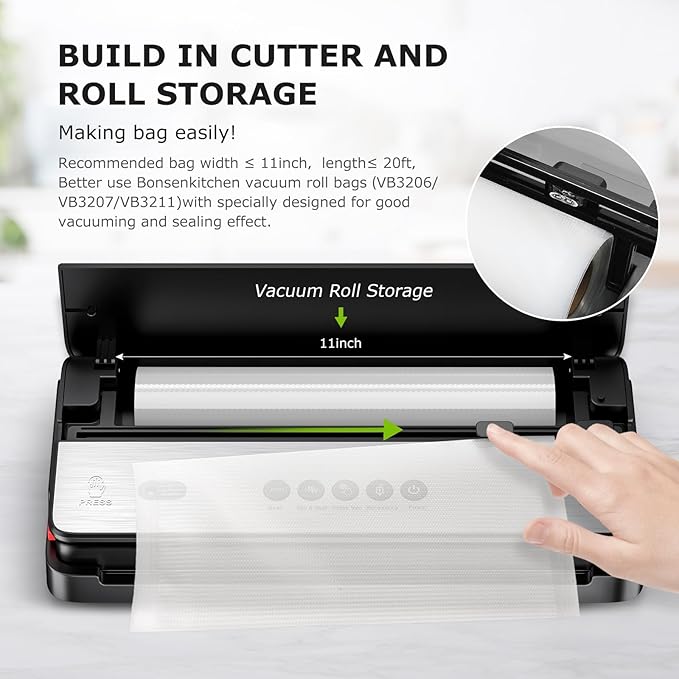 Bonsenkitchen Vacuum Sealer Machine, Multi-Functional Food Sealer with 1 Roll Bag, Bag Storage | Built-in Cutter, Black-Silver