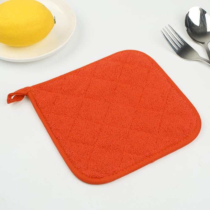 100% Cotton Kitchen Everyday Basic Terry Pot Holder Heat Resistant Coaster Potholder for Cooking and Baking Set of 5 Orange