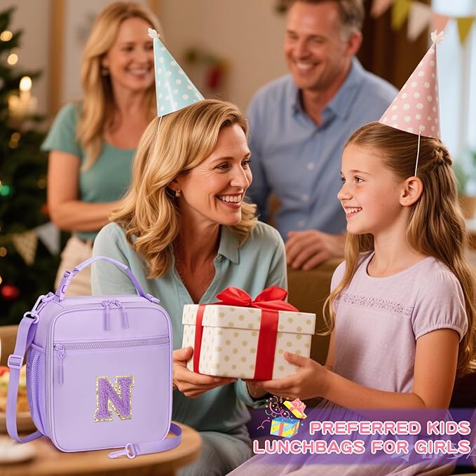 Initial Insulated Lunch Bag for Girls Kids, Back to School Gift, Reusable Leak-proof Lunch Box with Adjustable Strap for School Daycare Travel Picnic (Purple,N)