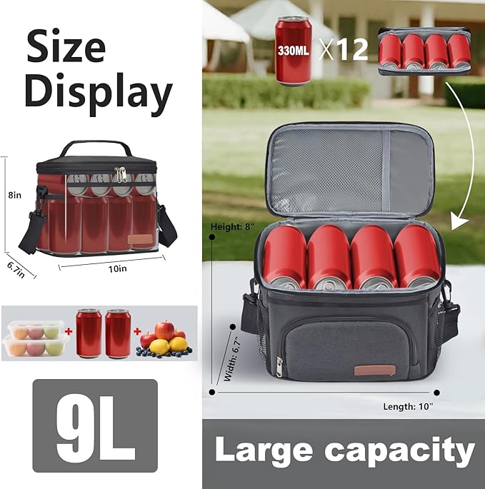 ExtraCharm Insulated Lunch Bag for Women/Men - Reusable Lunch Box for Office Picnic Hiking Beach - Leakproof Cooler Tote Bag Organizer with Adjustable Shoulder Strap for Adults - Black