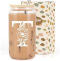Coolife Initial Glass Cup, Monogrammed Gifts for Women, 16 oz Glass Cups w/Lids Straws, Iced Coffee Smoothie Beer Tumbler w/Straw Lid - Personalized Christmas, Birthday Gifts for Her Mom Friend Woman