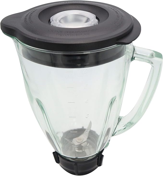 Blendin Complete 6-Piece 48 Ounce Replacement Round Glass Jar Cup Assembly Set With a Jar Base Cap, Blade, Gasket, Round Lid, Center Fill - Compatible with Standard Oster & Osterizer Blenders