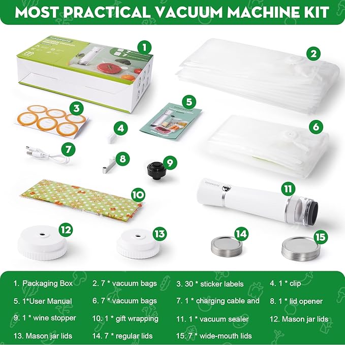 3-in-1 Vacuum Sealer for Food Compatible with Vacuum Bag, Mason Jar, Wine Bottle, Handheld Saver Compact Vacuum Sealer Machine with 14 Reusable Bags, 14 Mason Jar Lids, Wine Stopper